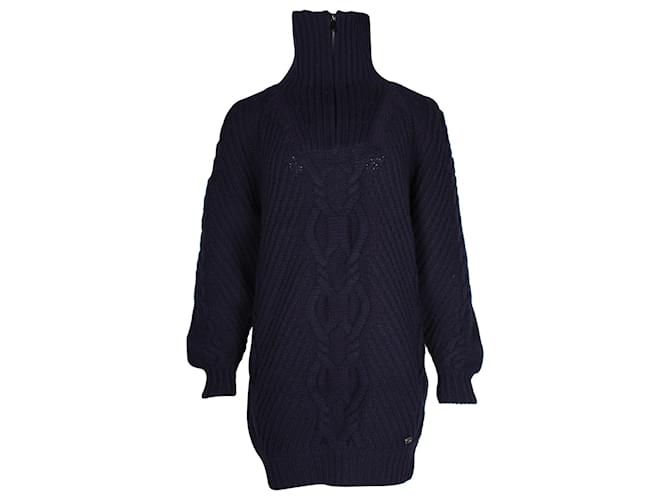 Chanel Cable Knit Long Sleeve Sweater Dress in Navy Blue Wool  ref.925810