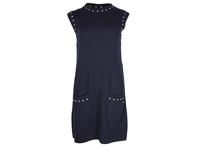 Vestido recto de punto adornado con perlas de Chanel en algodón azul marino  ref.925811