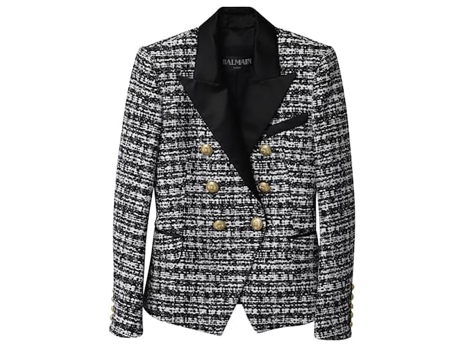 Balmain Double-Breasted Tweed Blazer in Black Acrylic  ref.925847
