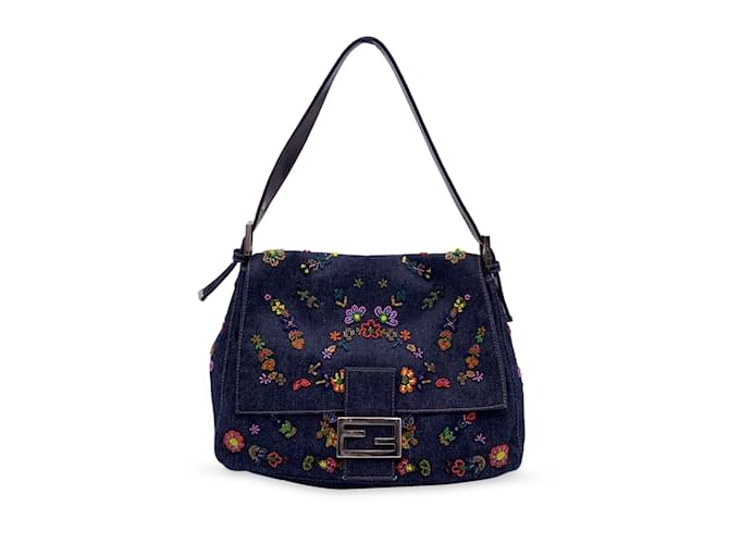 バッグ・カバンその他 Fendi Embroidered Denim Handbag Fendi Dark Blue Denim Embroidered and Beaded Baguette Bag