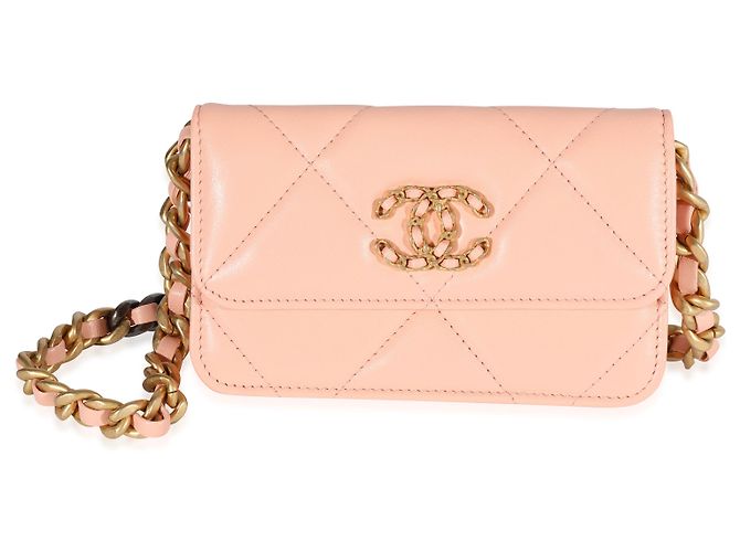 Chanel Hellorange gestepptes Lammleder Chanel 19 Mini-Geldbörse mit Kette