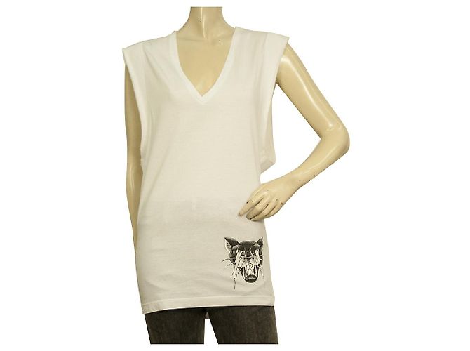 Dsquared2 D2 Top Blanco Sin Mangas Cuello V Pantera Largo Algodón - Talla XS