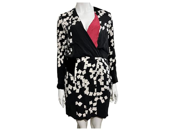 Diane Von Furstenberg DvF mock wrap dress from silk Black White Red  ref.927737