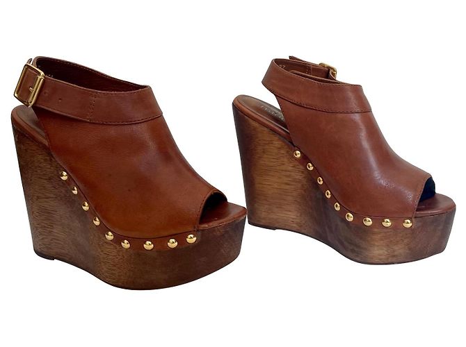 Minelli wedge clogs caramel leather