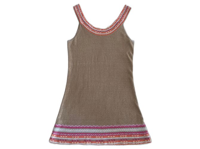 Autre Marque túnica ou mini vestido em 100% linho tabaco fundo bege e bordas multicoloridas T. S-M Rosa Laranja Azul claro
