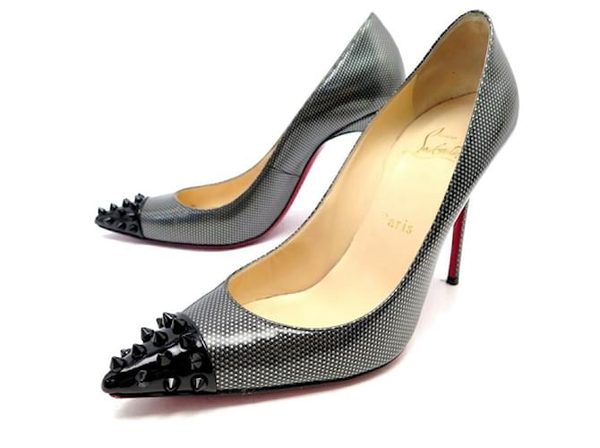 CHRISTIAN LOUBOUTIN GEO LAMINATED MIRROR SPIKE SHOES 37.5 PUMPS SHOES Dark grey Patent leather  ref.928081