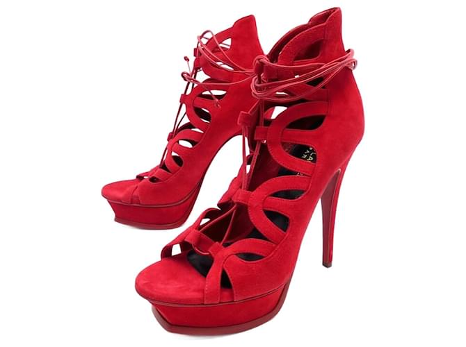 NEUF CHAUSSURES YVES SAINT LAURENT SANDALES TRIBUTE 16 38 DAIM ROUGE SHOES Suede  ref.928084