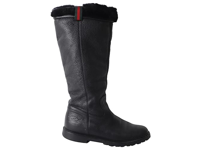 Gucci Fur Lined Web Mid Calf Boots in Black Leather  ref.928208