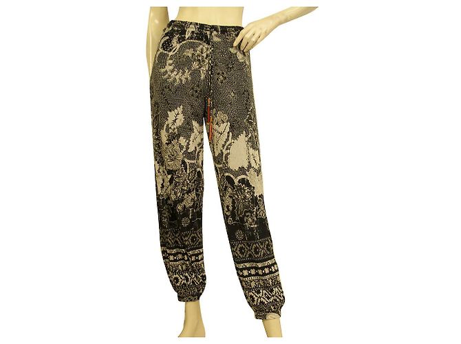 Fuzzi Pantalón de verano negro y beige floral cintura y puños elásticos talla S Gris antracita
