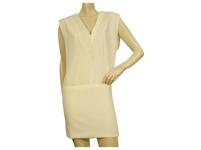 IRO kacil Off White Leather Trimming Sleeveless Summer V Neck Mini Dress size 38 Acetate  ref.928275