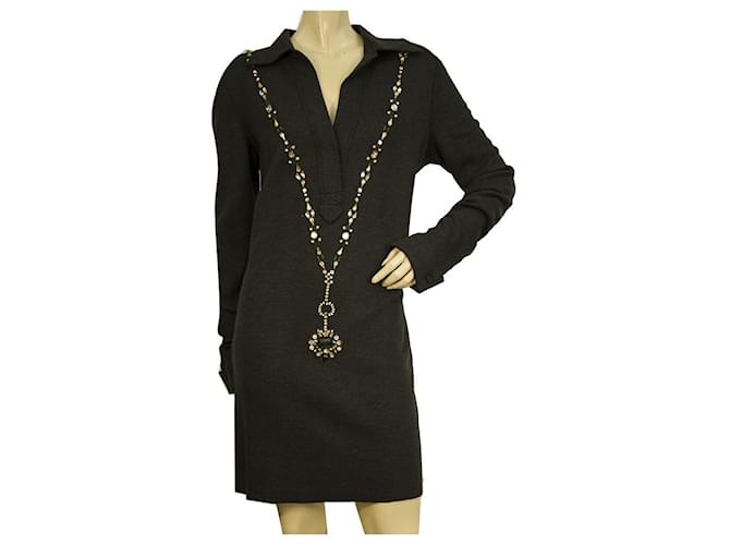 Lanvin Anthracite Gray Wool Beaded Collared Mini Winter dress size 40 Dark grey  ref.928277