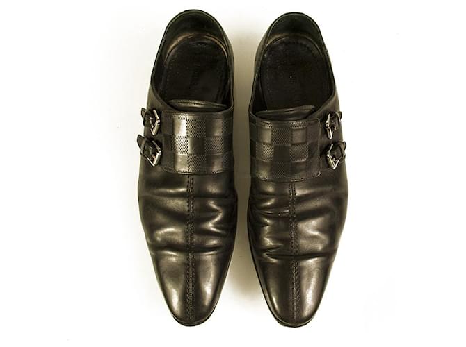 Louis Vuitton LV Men's Damier Black Leather lined Buckle Monk Shoes size 7.5  ref.928287