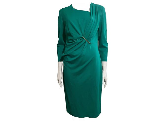 Vestido drapeado verde malaquita Escada com fecho dourado