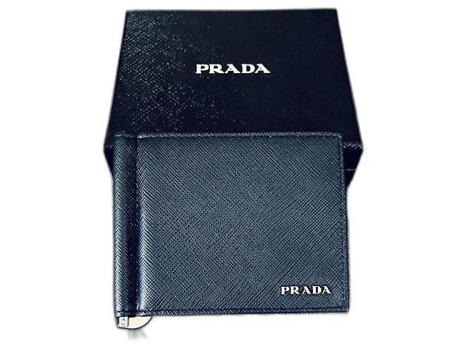Prada Clip Wallet Saffiano Leather Navy Blue