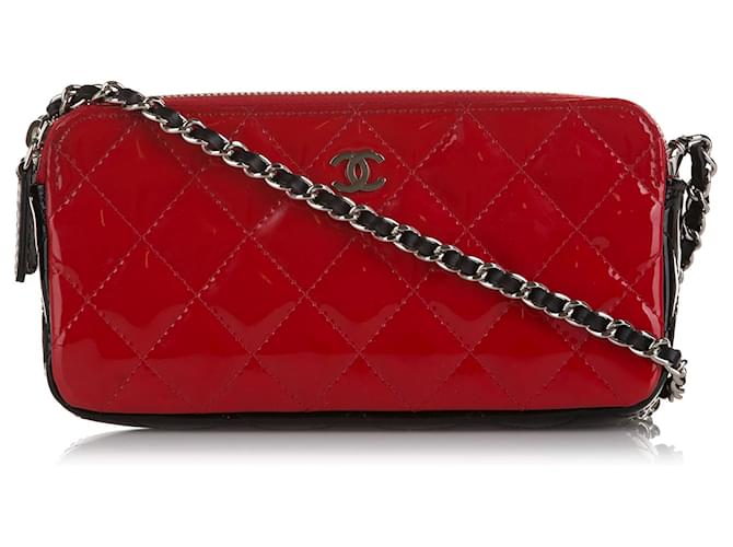 Chanel Red CC Double Zip Wallet on Chain Black Leather Patent