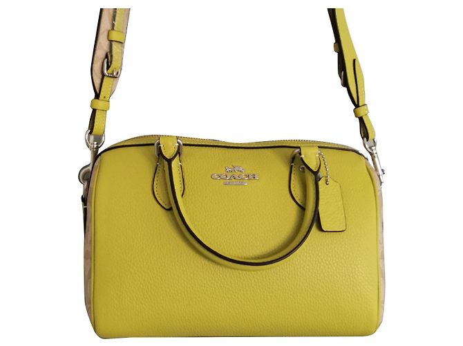 Coach Handtasche aus Canvas und genarbtem Leder Khaki Beige Grün Gelb Silber Hardware