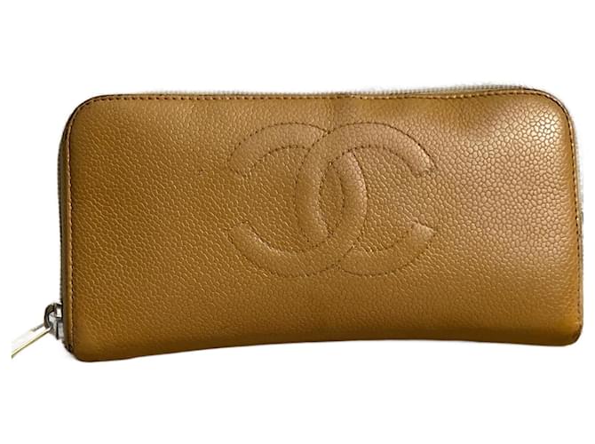 CHANEL Caviar Quilted Large Gusset Zip Around Wallet Beige Clair