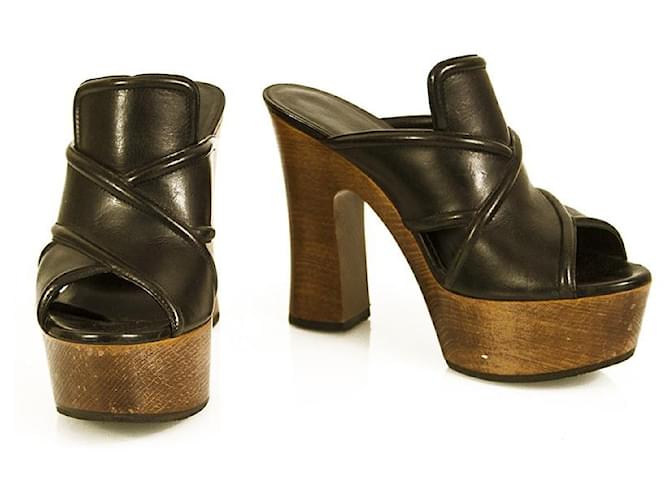 Yves Saint Laurent Saint Laurent Paris Sabots en cuir noir Tucson Criss Cross Block Heel Sandals 37  ref.929440