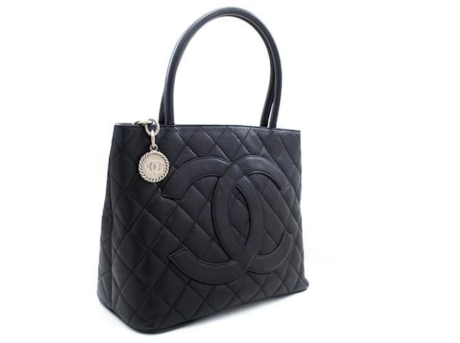 CHANEL Silver Medallion Caviar Shoulder Bag Shopping Tote Black Leather  ref.929455