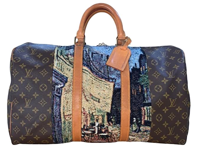 Louis Vuitton Keepall 50 Van Gogh "Terasse du Café le soir" - Custom Unique Cuir Toile Marron  ref.929468