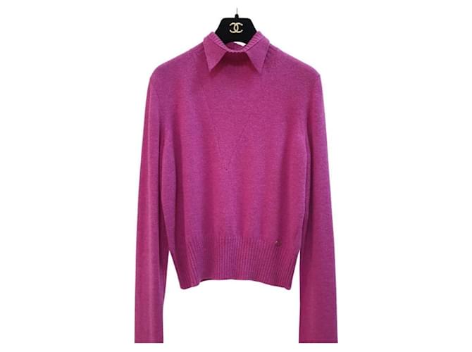 Suéter de manga larga con cuello puntiagudo de lana rosa de Chanel  ref.930323