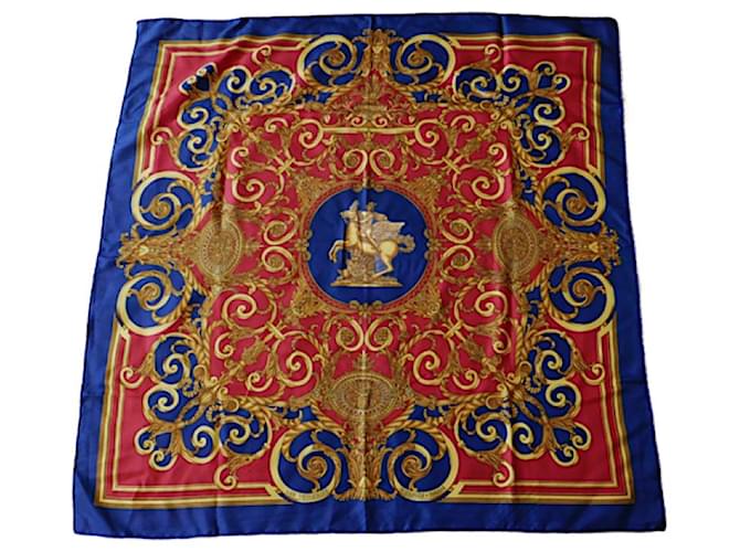 Hermès Hermes Les Tuileries vintage scarf Red Golden Navy blue Silk  ref.931167
