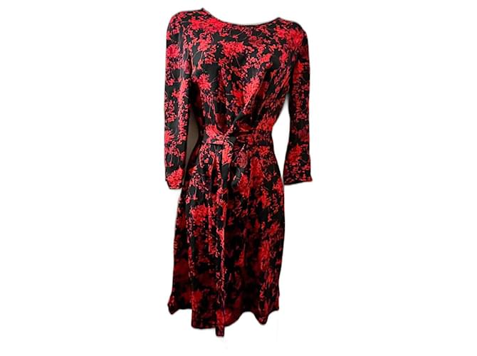 Diane Von Furstenberg DvF Zoe silk mock wrap dress in black and red floral print Elastane  ref.931427