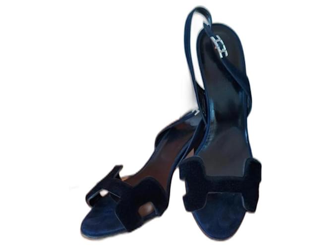 Hermès Sandalias de noche 9 visón afeitado Negro Azul marino Piel Gamuza  ref.934138