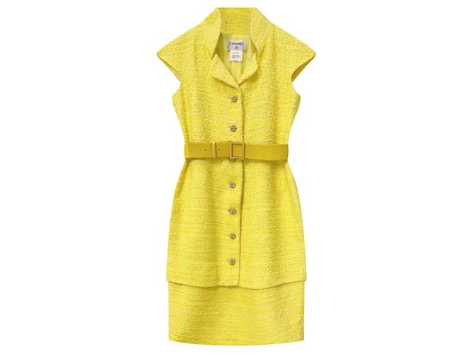 Chanel 9K$ Neues Tweed-Kleid mit Gürtel und Band Gelb  ref.934140