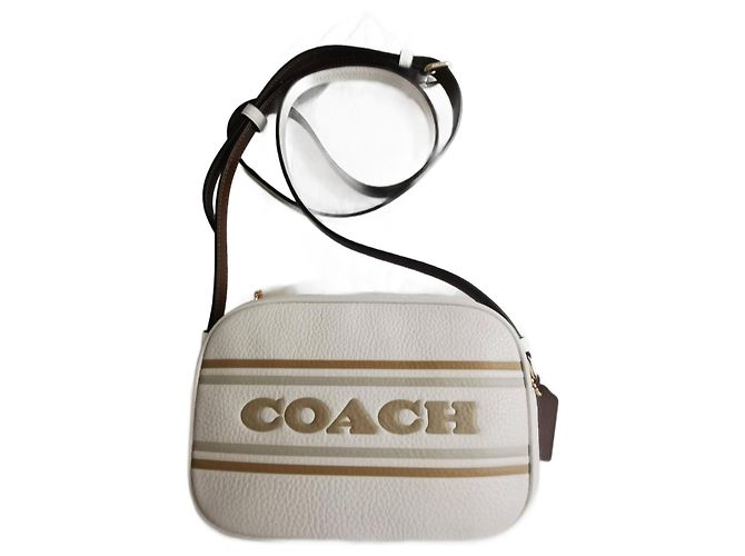 Bolsa Transversal Coach em Couro Branco Cru Bege Caqui Fora de branco Castanho claro