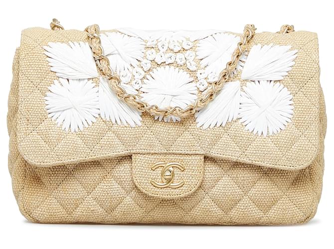 Chanel Beige Quilted Canvas And Raffia Embroidered Country Coco Jumbo Flap  Bag