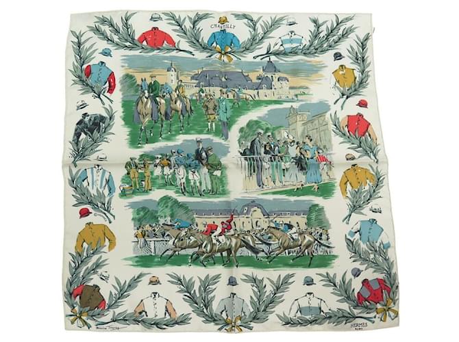 Hermès NEW HERMES GAVROCHE SCARF CHAMP DE COURS AT CHANTILLY DE TAQUOY CARRE White Silk  ref.934365
