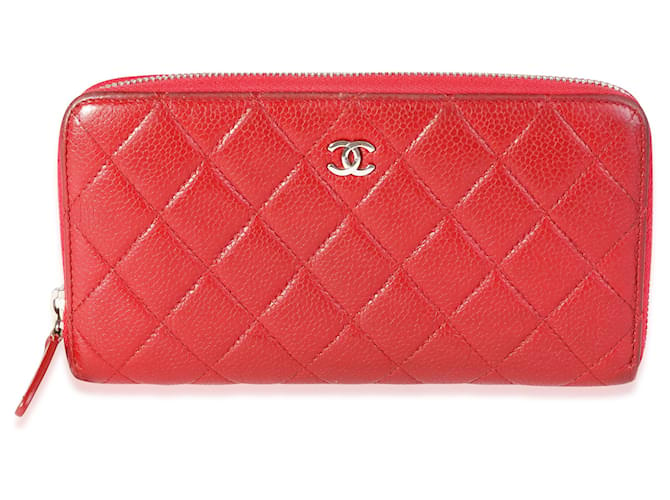 Chanel Red Quilted Caviar L-gusset Zip-around Wallet Leather ref