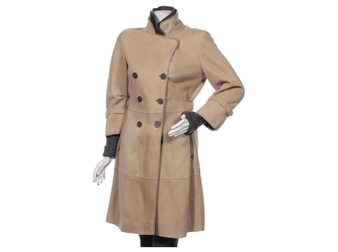 Brunello Cucinelli Coats, Outerwear Beige Grey Leather Cashmere  ref.935960