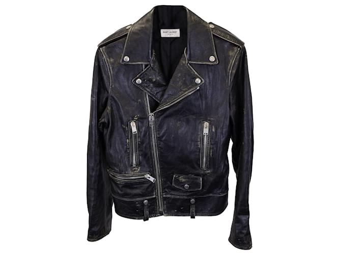 Saint laurent Distressed Moto Jacket In Black Leather  ref.935974