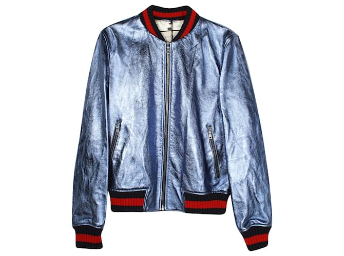 Gucci Crackle Bomber Jacket in Blue Leather  ref.935979