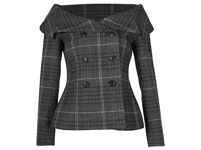 Christian Dior Checked Off-Shoulder Jacket in Grey Wool   ref.935987