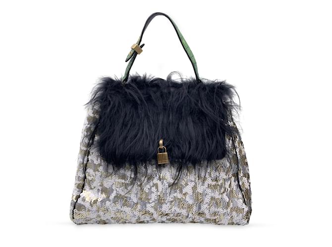 Marc Jacobs Grand sac à main Gilda Flap Bag à paillettes argentées et dorées Cuir Noir  ref.936012