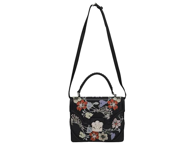 Bolso satchel con bordado floral de Alexander McQueen en cuero negro  ref.936023