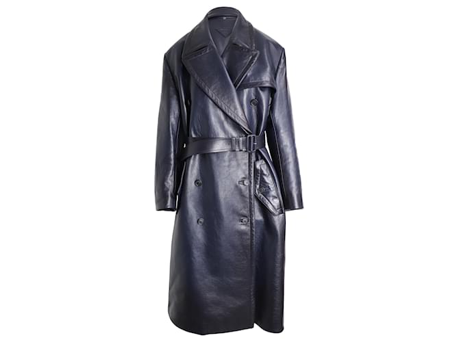 Prada Double-Breasted Trench Coat in Navy Leather Navy blue Goatskin  ref.936049