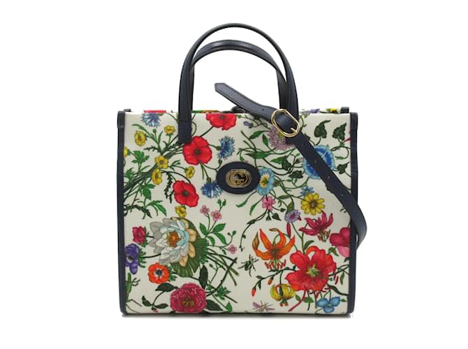 Gucci Floral Print Canvas Handbag 550141 Beige Cloth  ref.936124