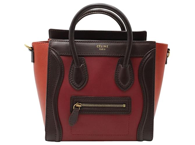 Céline Bolsa Celine Nano Luggage Tote em couro de bezerro vermelho e preto Bezerro-como bezerro  ref.936131
