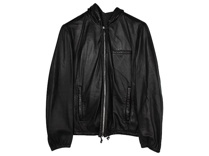 Prada Reversible Zip Front Hooded Jacket in Black Lambskin Leather  ref.936151