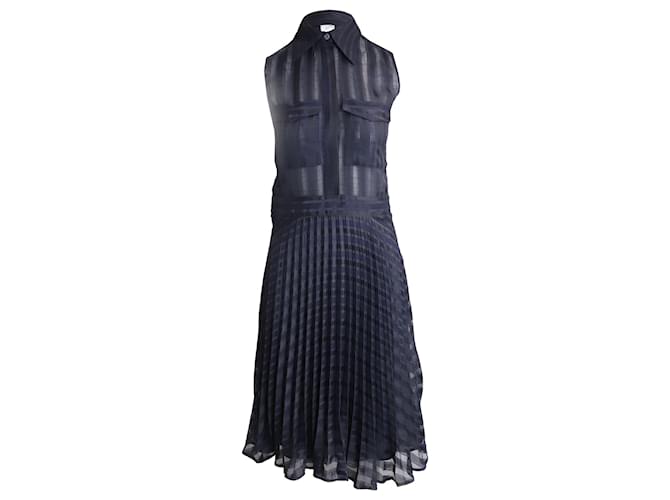 Victoria Beckham Pleated Jacquard Midi Shirt Dress in Navy Blue Polyester  ref.936926