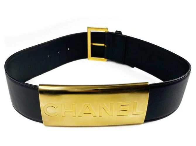Cintura Chanel in pelle nera e oro 70 cm Nero D'oro