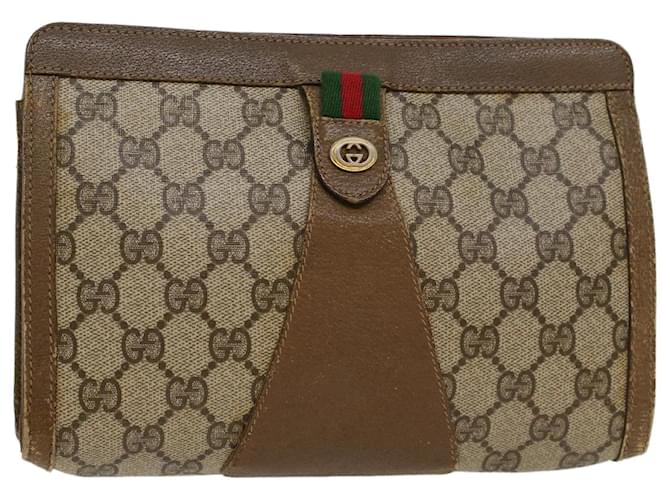 GUCCI GG Canvas Web Sherry Line Clutch Bag PVC Leather Beige Green Auth 43090  ref.937066