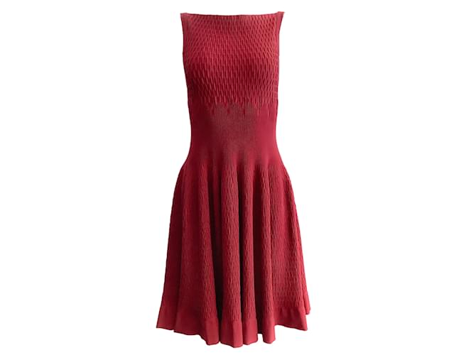 ALAÏA Burgundy Rib Knit Fit & Flare Short Casual Dress Red Viscose  ref.937245
