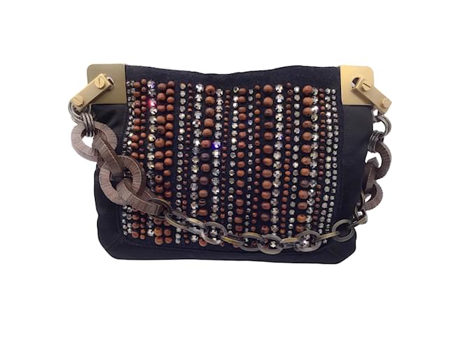 Lanvin Black Beaded and Rhinestone Embellished Silk Shoulder Bag  ref.937337