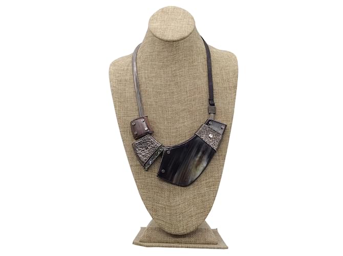 Lanvin Multicolored Mixed Media Crystal Embellished Metal, Wood, and Leather Necklace Multiple colors  ref.937352