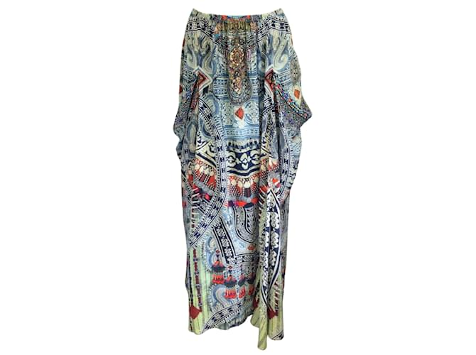 Falda larga de seda con bolsillos estampados adornados con cristales multicolor Camilla Blue  ref.937369
